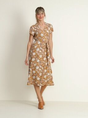 Old Navy Mustard Floral Wrap Midi Dress
